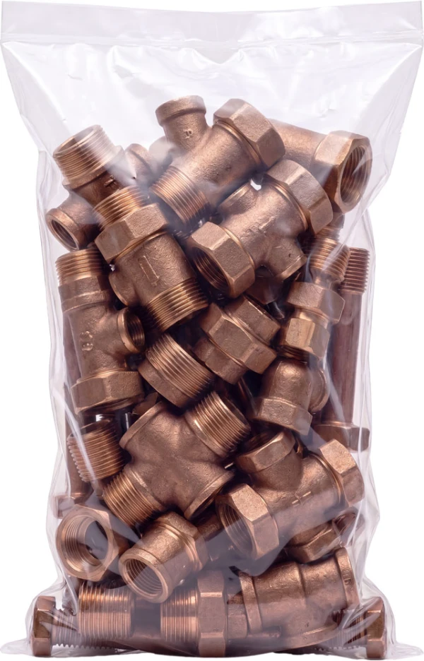 5 x 8 4 Mil Flat Poly Bags with Brass Hardware Bras Hardware inside of a 4 Mil 5 x 8 Poly Bags