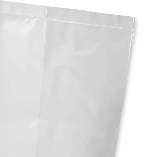 8 x 4 x 18 1.5 Mil Gusseted Poly Bag Bottom Seal Close up of 8 x 4 x 18 .0015 Plastic Gusseted Bag Bottom Seal