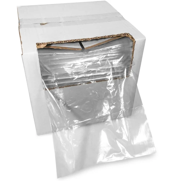8 x 3 x 15 0.75 mil Utility Bags Dispensed Bag Dispenser Box of 8 x 3 x 15 0.75 mil Utility Bags with Bag Pulled out of Box