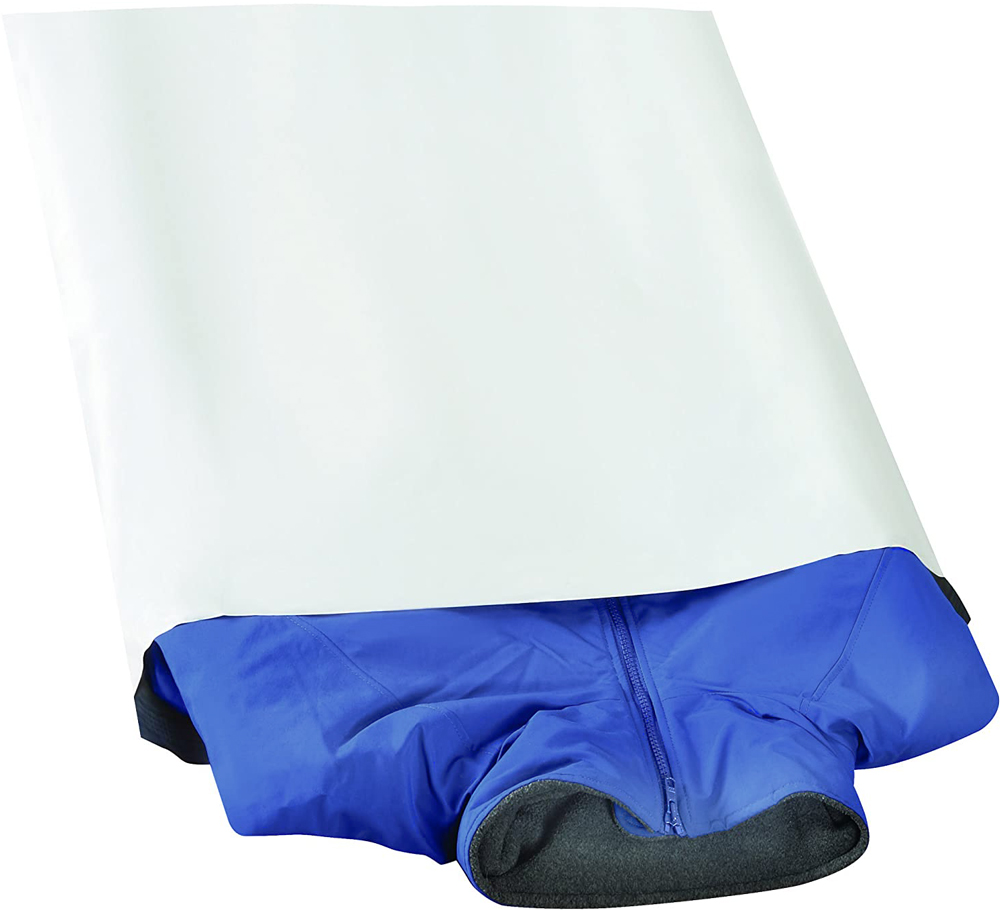White 24 x 24 Standard Poly Mailers with release tape and silver inside in small quantity with Blue Jacket