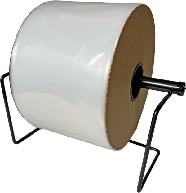 8 Inch 4 Mil Poly Tubing on Roll on Dispenser Dispenser with 8x1100 4 Mil Clear Poly Tubing on Roll