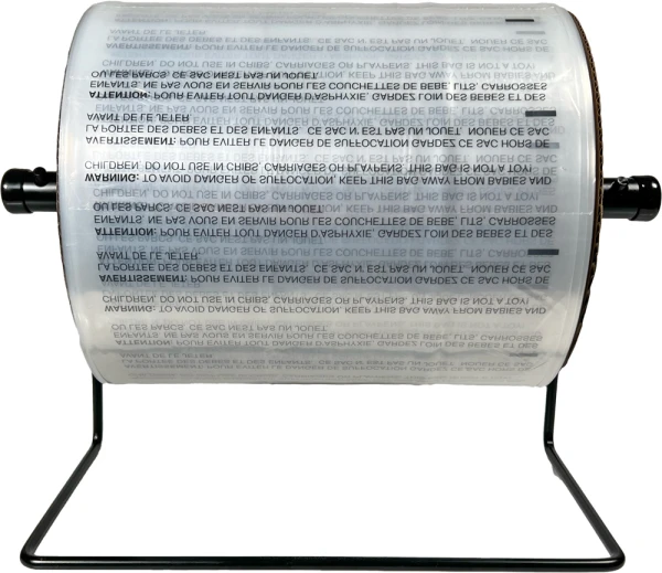 10 x 15 1.5 Mil Auto Bags with Suffocation Warning on Dispenser 10 x 15 1.5 Mil Pre-Opened Bags On Roll For Automated Bagging on Dispenser