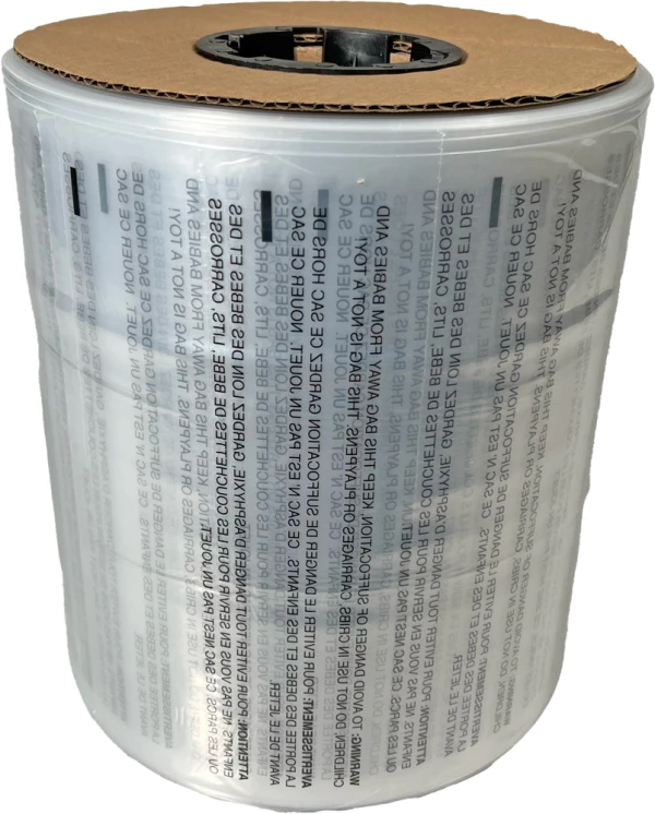 10 x 15 1.5 Mil Auto Bags with Suffocation Warning on Side 10 x 15 1.5 Mil Pre-Opened Bags On Roll For Automated Bagging on Side