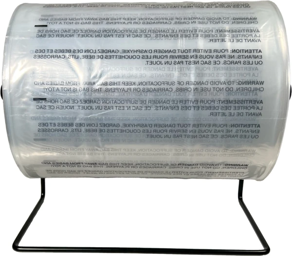 12 x 18 1.5 Mil Auto Bags with Suffocation Warning on Dispenser 12 x 18 1.5 Mil Pre-Opened Bags On Roll For Automated Bagging on Dispenser