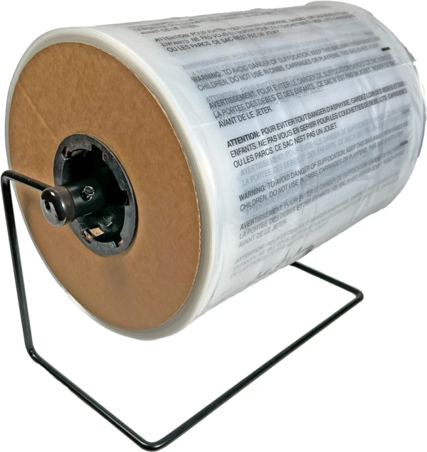 12 x 18 1.5 Mil Auto Bags with Suffocation Warning on Dispenser 12 x 18 1.5 Mil Pre-Opened Bags On Roll For Automated Bagging on Dispenser