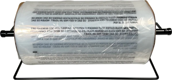 18 x 24 1.5 Mil Auto Bags with Suffocation Warning on Dispenser 18 x 24 1.5 Mil Pre-Opened Bags On Roll For Automated Bagging on Dispenser