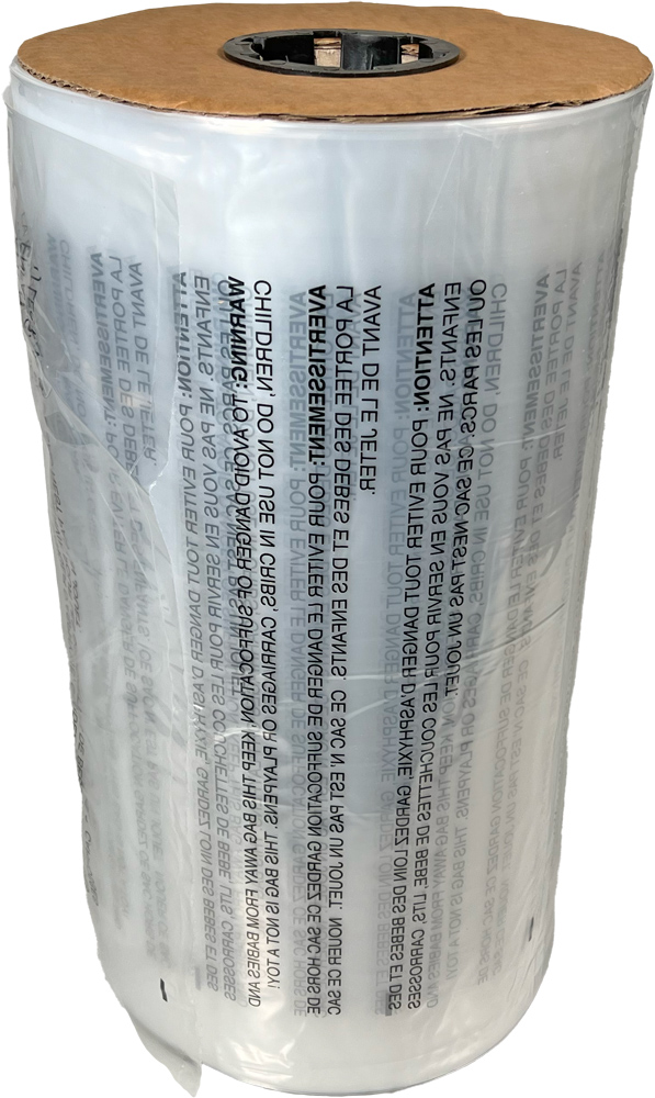 18 x 24 1.5 Mil Auto Bags with Suffocation Warning on Roll on Side 18 x 24 1.5 Mil Pre-Opened Bags On Roll For Automated Bagging on Roll