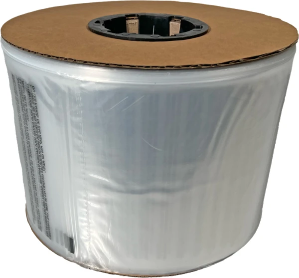 6 x 9 1.5 Mil Auto Bags with Suffocation Warning Laying on Side Side of 6 x 9 1.5 Mil Pre-Opened Bags On Roll For Automated Bagging