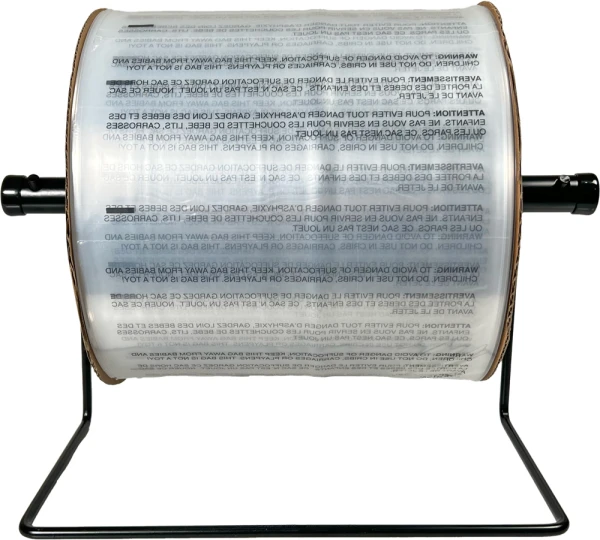 9 x 12 1.5 Mil Auto Bags with Suffocation Warning on Dispenser 9 x 12 1.5 Mil Pre-Opened Bags On Roll For Automated Bagging on Dispenser