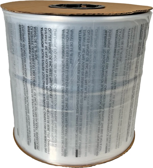 9 x 12 1.5 Mil Auto Bags with Suffocation Warning on Side 9 x 12 1.5 Mil Pre-Opened Bags On Roll For Automated Bagging on Side