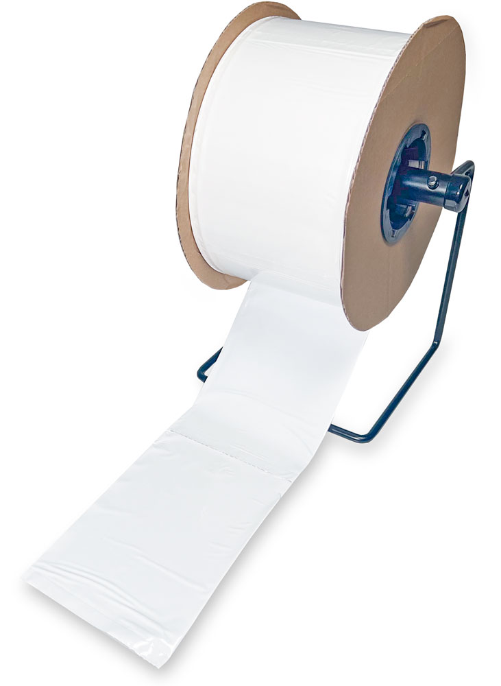 5 x 7 White Front Pre Opened Bags 2 Mil Machine Automated Bags on Roll on Dispenser