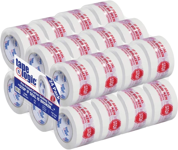 3" x 110 yds 2.2 Mil Printed Carton Sealing Tape "Stop If Seal Is Broken" "Stop If Seal Is Broken" 3 in x 110 yds Pre-Printed Tape