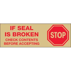 3" x 110 yds 2.2 Mil Tan Printed Carton Sealing Tape "Stop If Seal Is Broken"