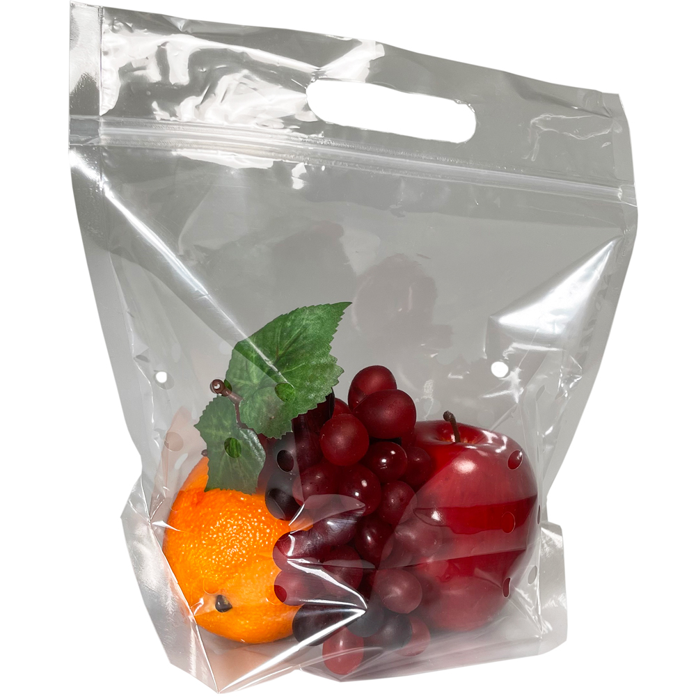 9 1/2 x 10 + 4 Vented Produce Bags 2.5 Mil holding fruit