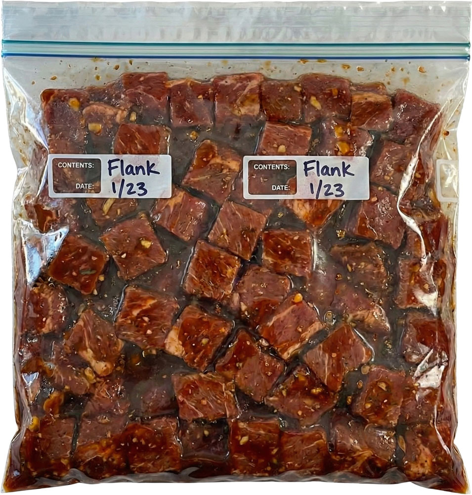 Marinating Flank Steak inside of a Double Zip Closure One Gallon Food Storage Bag by MiniGrip ColorZip Marinating Cubed Portioned Meat