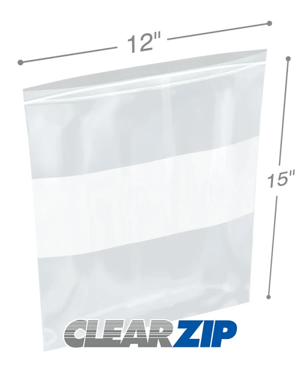 12 x 15 Clearzip Locking Top Bags with White Block 2 Mil