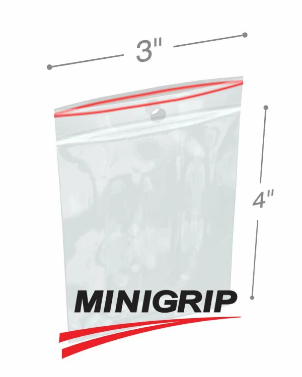 3x4 4Mil MiniGrip Reclosable Plastic Bags with Hang Hole