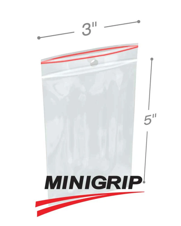 3x5 4Mil MiniGrip Reclosable Plastic Bags with Hang Hole