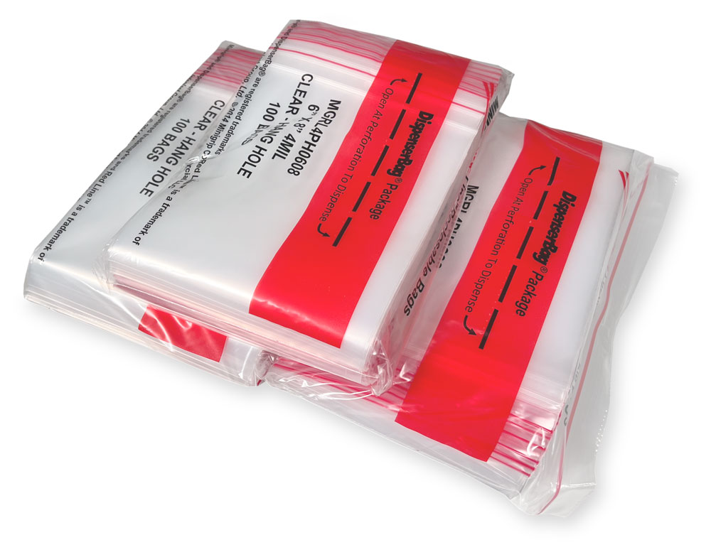 Inner Packs of 6x8 4-mil resealable plastic bags with hang hole