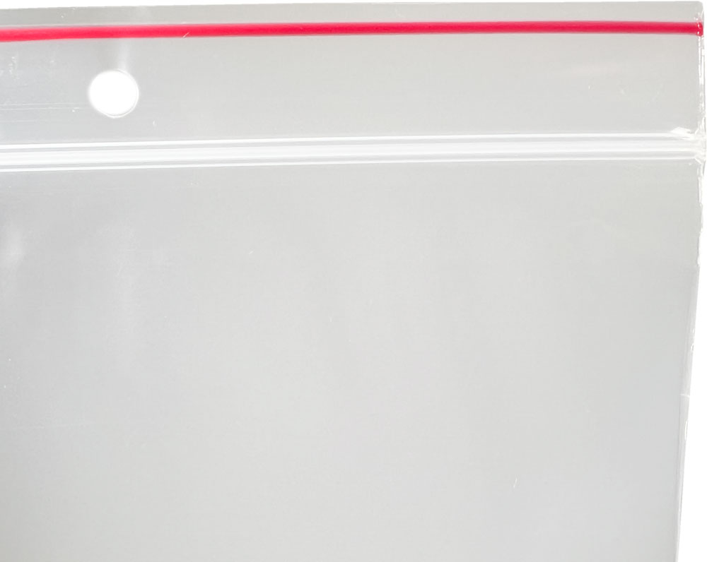 Top of 6x8 4-mil resealable plastic bags with hang hole