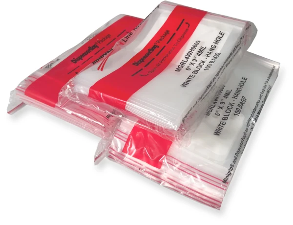 6 x 9 4-Mil Minigrip Resealable Poly Bags with Whiteblock and Hanghole Inner Packs 6 x 9 4-Mil Whiteblock Reclosable Plastic Bags with Hanghole Inner Packs