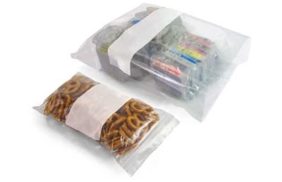 Reclosable White Block Bags - Flat Poly Bags White Block with pretzels and Printer Cartridges