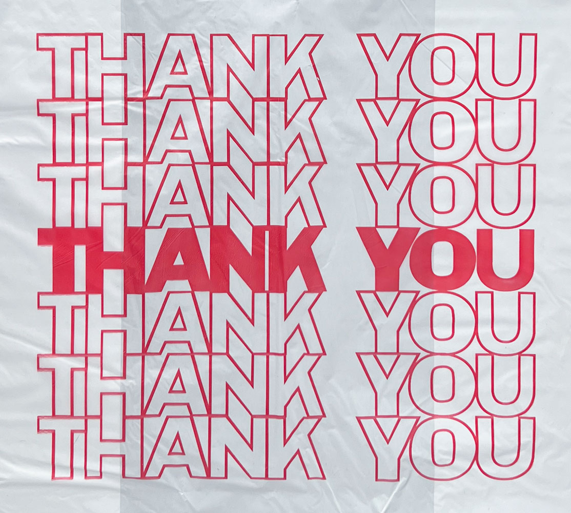 THANK YOU THANK YOU THANK YOU print of10 x 5 x 18 HDPE Plastic Large Thank You Take Out Bags