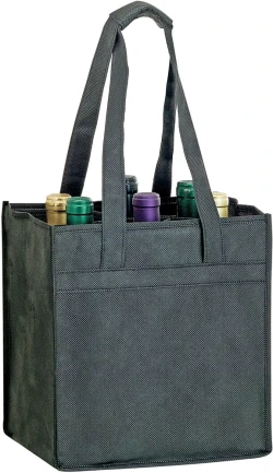 10" x 7" x 11" + 7" Black Non Woven 6 Bottle Wine Tote