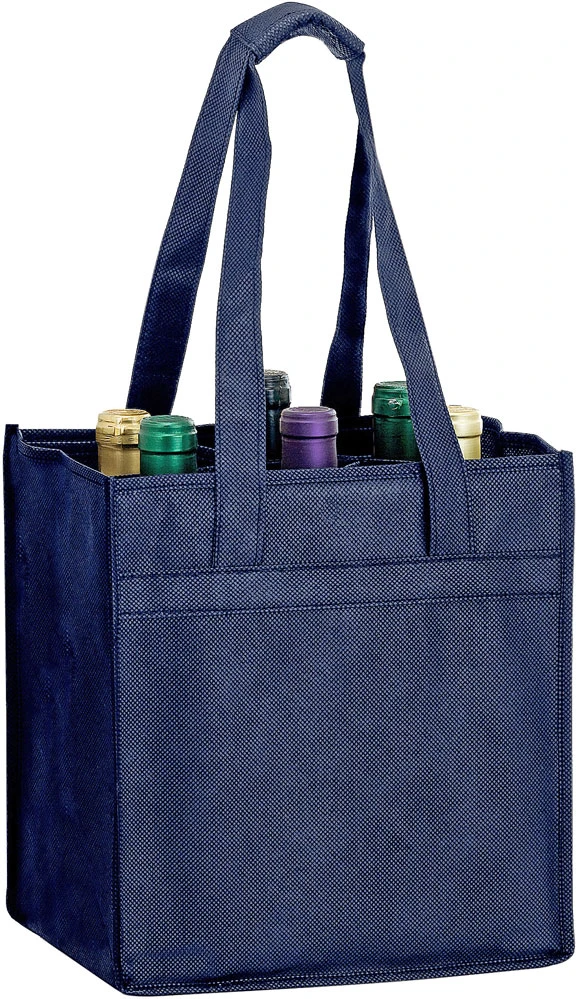 10 x 7 x 11 + 7 Navy Non Woven 6 Bottle Wine Tote 10 x 7 x 11 + 7 Navy Non Woven 6 Bottle Wine Tote