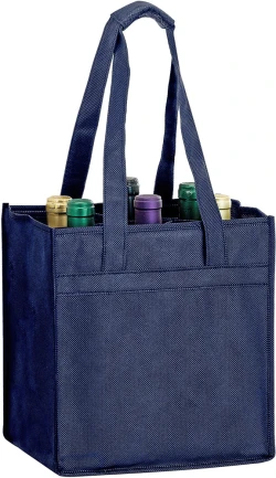 10" x 7" x 11" + 7" Navy Non Woven 6 Bottle Wine Tote