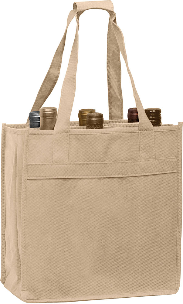 10 x 7 x 11 + 7 Tan Non Woven 6 Bottle Wine Tote