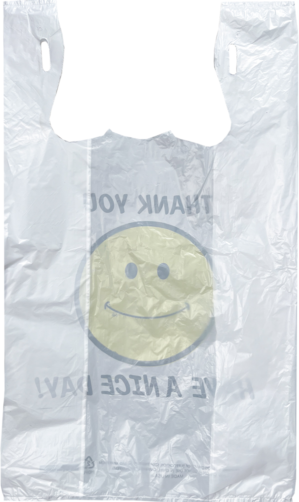 11.5 x 6.5 x 20 Smiley Face Thank You Shopping Bags Back Back of 11.5 x 6.5 x 20 HDPE Plastic Thank You Smiley Face Take Out Bags