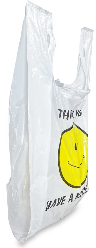 11.5 x 6.5 x 20 Smiley Face Thank You Shopping Bags Side Gusset Side Gusset of 11.5 x 6.5 x 20 HDPE Plastic Thank You Smiley Face Take Out Bags