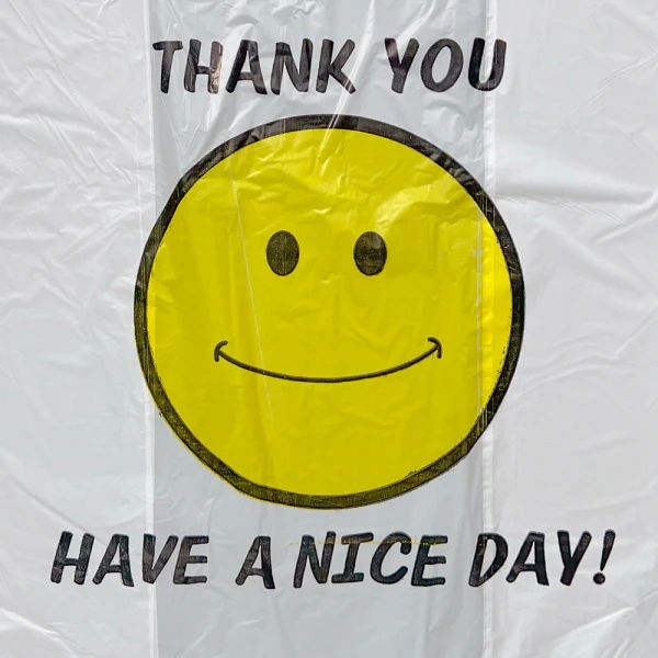 11.5 x 6.5 x 20 Smiley Face Thank You Shopping Bags 11.5 x 6.5 x 20 HDPE Plastic Thank You Smiley Face Take Out Bags