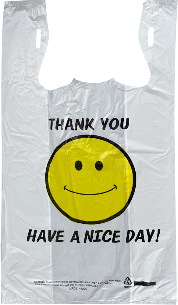 11.5 x 6.5 x 20 Smiley Face Thank You Shopping Bags 11.5 x 6.5 x 20 HDPE Plastic Thank You Smiley Face Take Out Bags