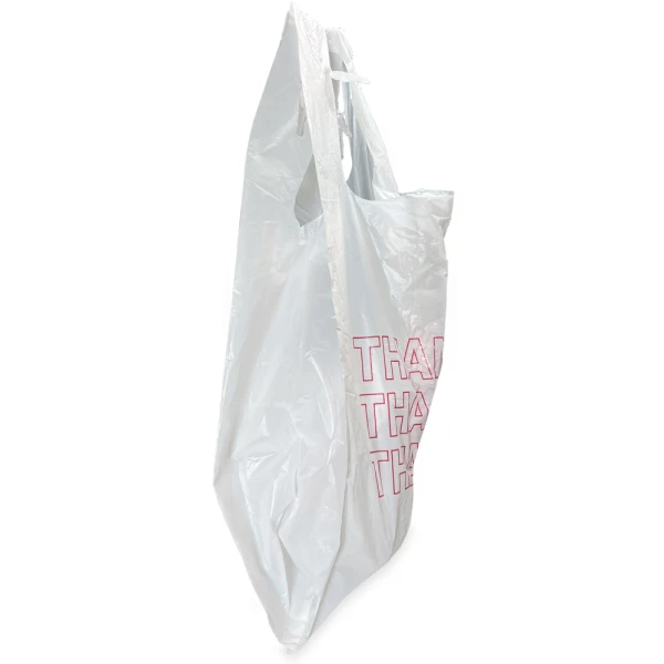 11.5 x 6.5 x 21 Thank You Carry Out T-Shirt Bags 0.6 Mil Side Gusset Close up of 11.5 x 6.5 x 21 Thank You Carry Out T-Shirt Bags 0.6 Mil Side Gusset