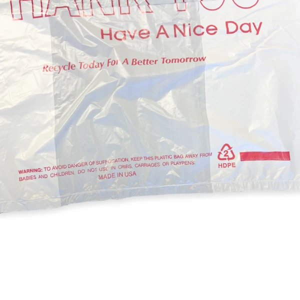 11.5 x 6.5 x 21 Thank You Carry Out T-Shirt Bags 0.6 Mil Suffocation Warning Close up of 11.5 x 6.5 x 21 Thank You Carry Out T-Shirt Bags 0.6 Mil Suffocation Warning on Front of Bag