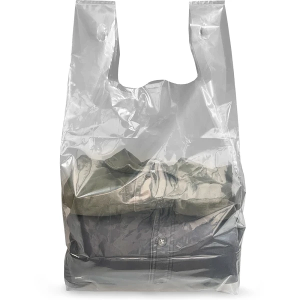 12 x 7 x 22 + 7 Clear Square Bottom T-Shirt Bags 12 x 7 x 22 + 7 Clear Square Bottom T-Shirt Bags with Three Folded Shirts in Bag