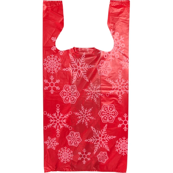12 x 7 x 22 Snowflake T-Shirt Holiday Shopping Bags Front Front of 12 x 7 x 22 Snowflake T-Shirt Holiday Shopping Bags with Red and Green Dots