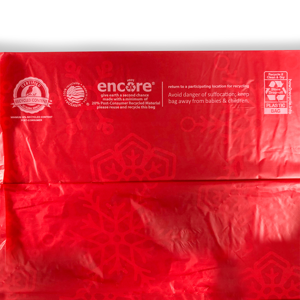 Close up of Suffocation Warning on Side Gusset on 12 x 7 x 22 Snowflake T-Shirt Holiday Shopping Bags