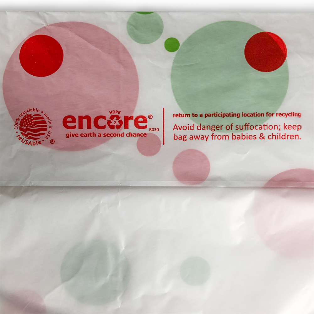 Close up of Suffocation Warning on Side Gusset on 12 x 7 x 22 Dots T-Shirt Holiday Shopping Bags