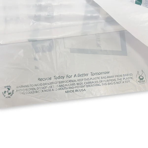 13 x 8 x 22 Thank You Shopping Bag 0.65 Mil Warning Close up of 13 x 8 x 22 HDPE Plastic Thank You Take Out Bag Suffocation Warning