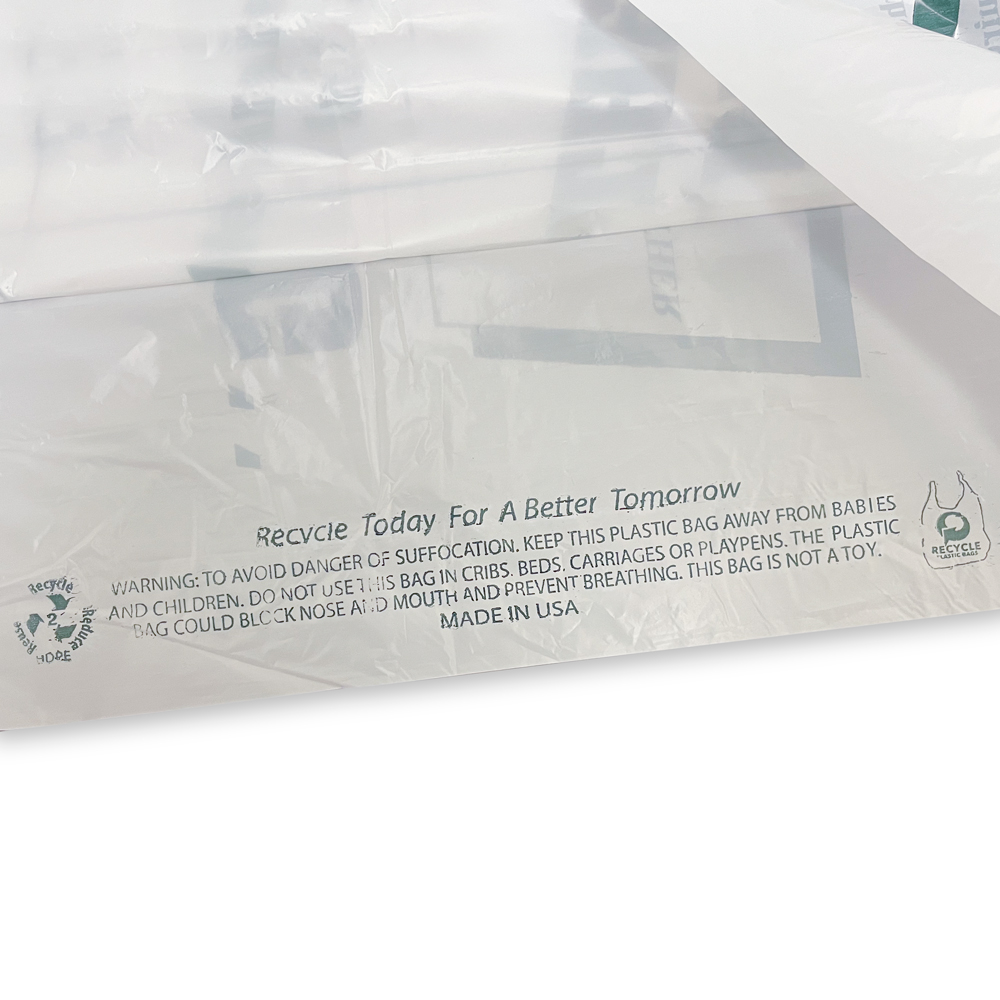 Close up of 13 x 8 x 22 HDPE Plastic Thank You Take Out Bag Suffocation Warning