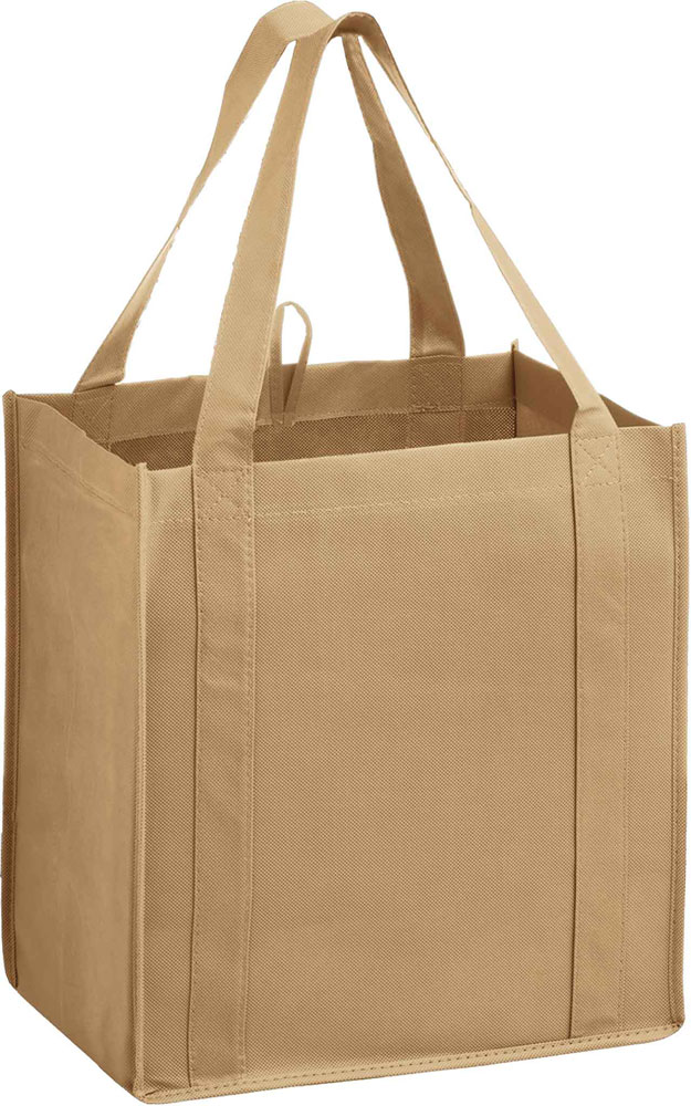 Tan 13 x 10 x 15 + 10 Heavy Duty Non-Woven Grocery Tote Bag