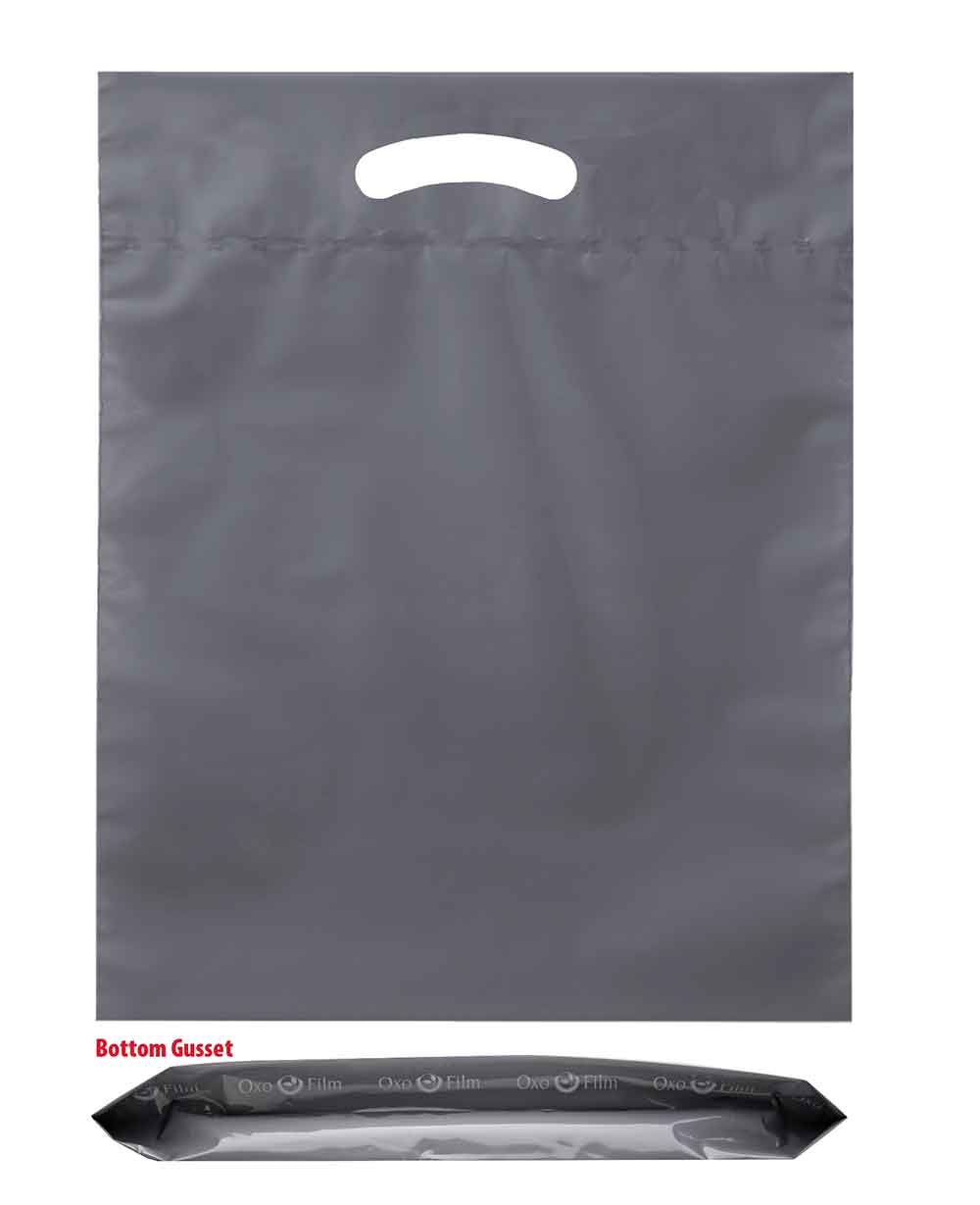 15 x 18 x 3 bottom gusset gray die cut handle bags