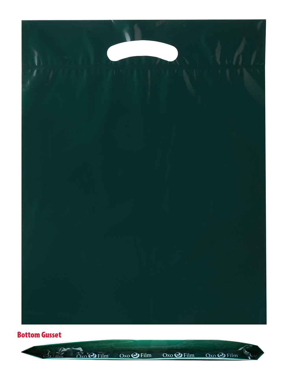 15 x 18 x 3 bottom gusset hunter green die cut handle bags