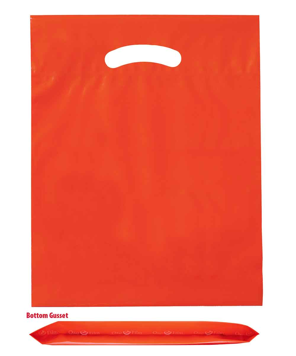 15 x 18 x 3 bottom gusset orange die cut handle bags