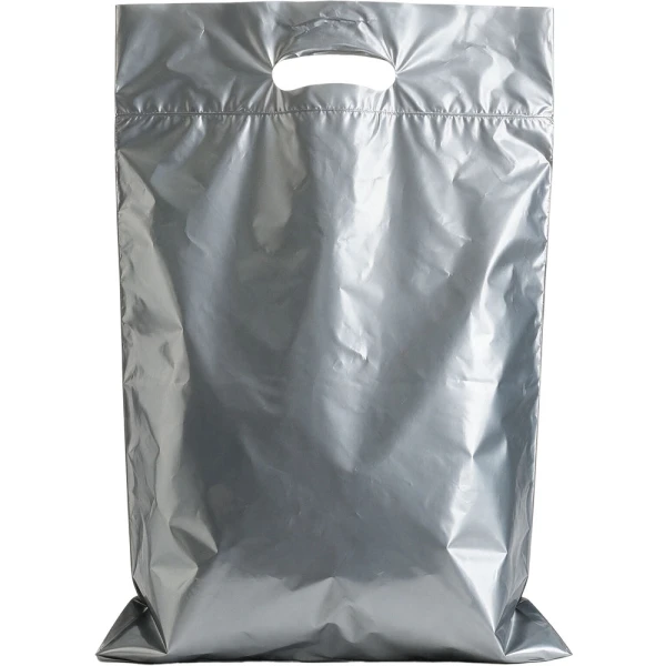 15 x 19 + 3 2.5 Mil Silver Retail Shopping Bags 15 x 19 + 3 2.5 Mil Silver Fold-Over Reinforced Die Cut Handle Bags