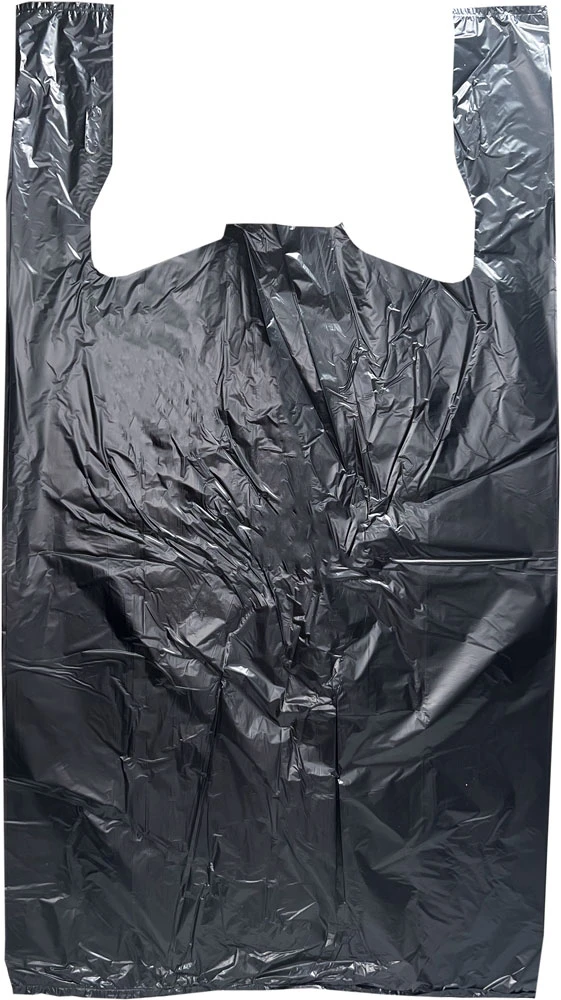 15 x 7 x 26 Black T-Shirt Bags 0.65 Mil Large 15 x 7 x 26 Black HDPE Plastic T-Shirt Carry Out Bags