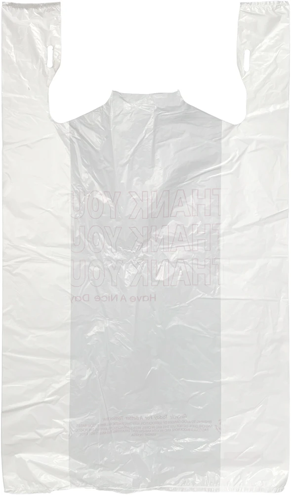 15 x 7 x 26 Thank You Merchandise Bags 0.65 Mil Back Back of 15 x 7 x 26 HDPE Plastic Thank You Take Out Bags